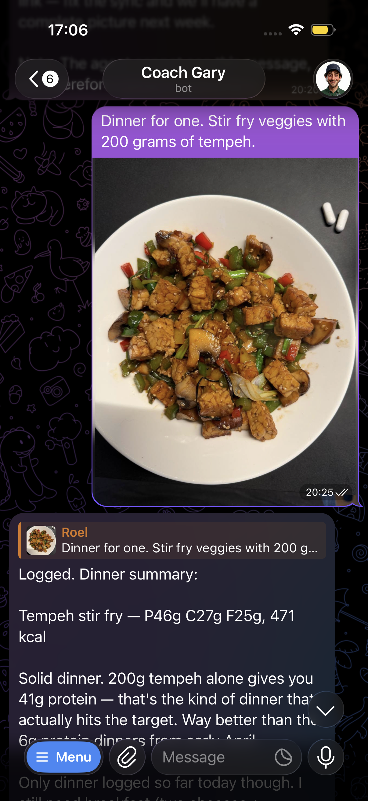 Gary responding to a dinner photo