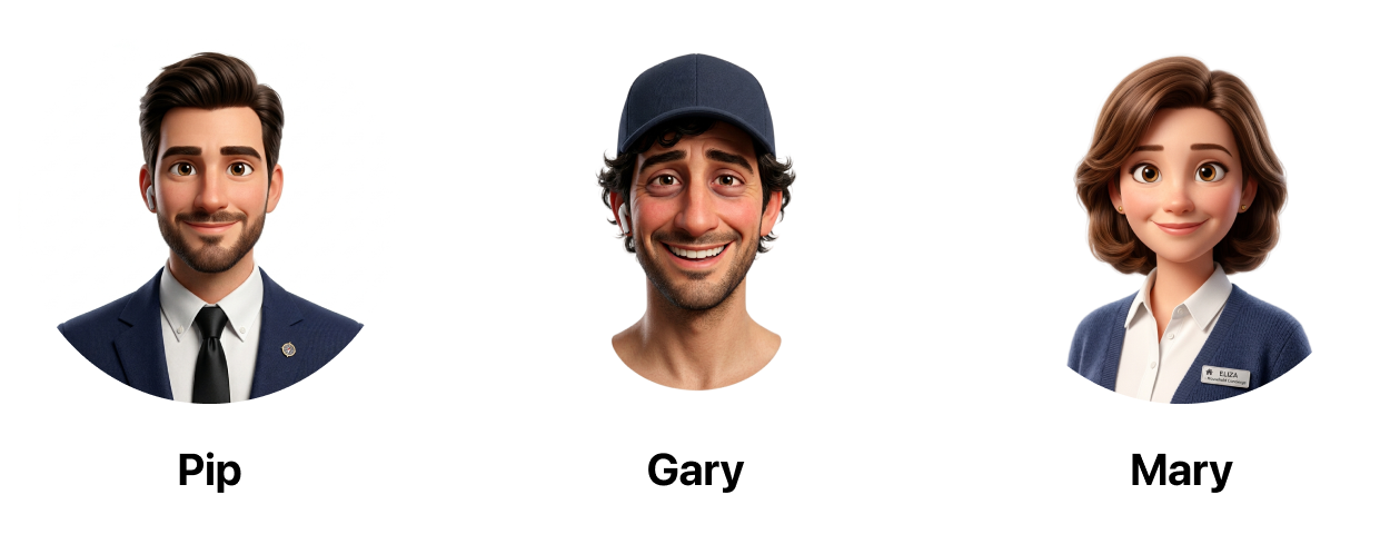 Pip, Gary and Mary avatars